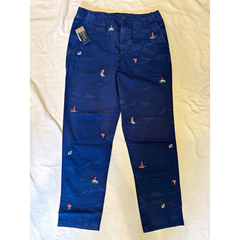 Polo Ralph Lauren Mens Classic Fit Blue Nautical Embroidered Prepster Pants Sz M